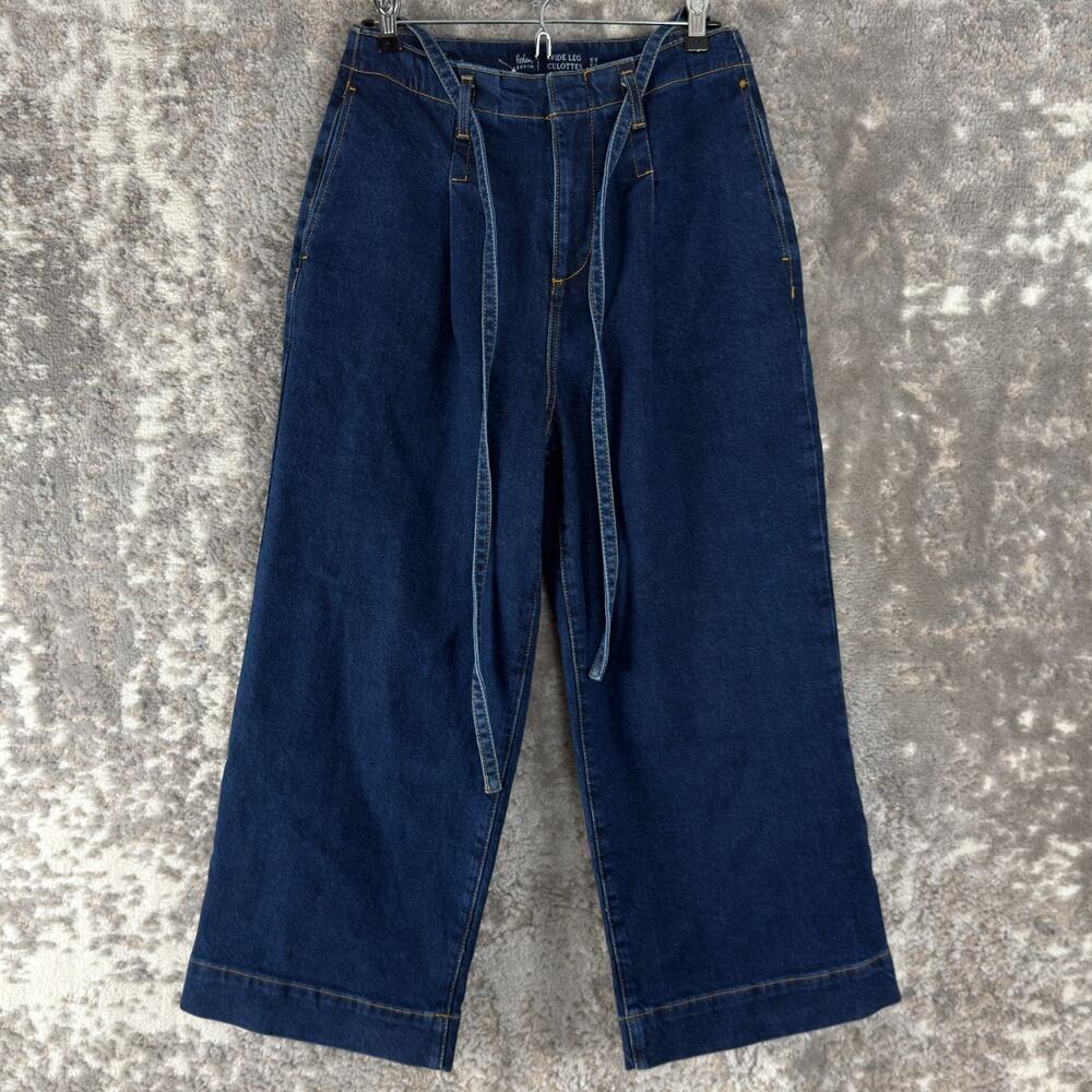 Boden Size 4 Wide Leg‎ Culottes Denim Jeans Tie Blue Pants Zip Cotton Blend